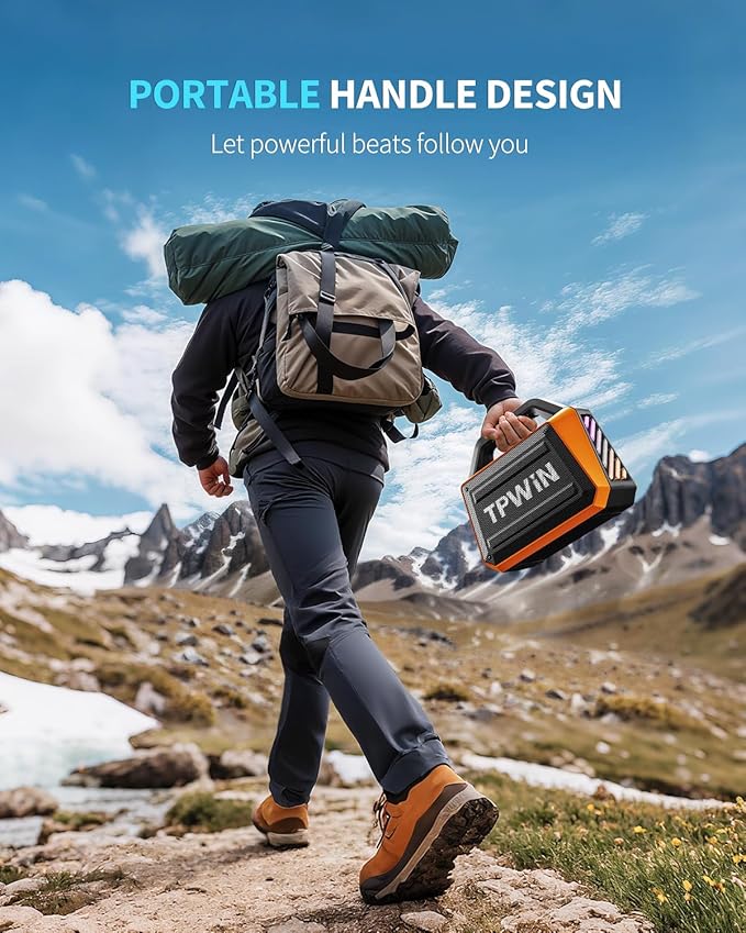 Bluetooth Speaker - 80W Loud Rugged Outdoor Speakers IPX6 Waterproof 20H Playtime Deep Bass Lightshow TWS BT 5.3 Wireless Portable for Travel Hiking Camping Beach Pool - Orange