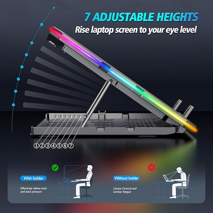 Gaming Laptop Cooling Pad Laptop Cooler with 15 Quiet Fans for 12-17.3 Inch Notebook Slim Portable Laptop Cooling Stand with 7 Height Adjustable 2 USB Ports Phone Stand