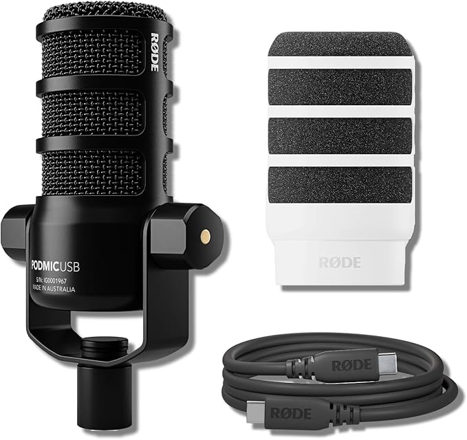 Rode PodMic USB Dynamic Broadcast Microphone with White WS14 Pop Filter