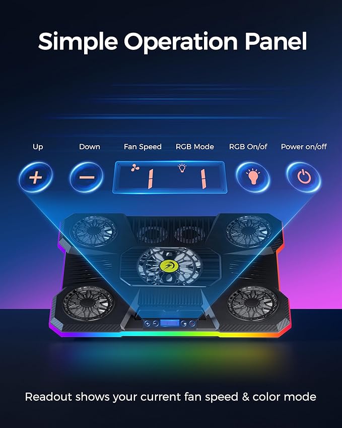 ChillCore Laptop Cooling Pad RGB Lights Laptop Cooler 9 Fans for 15.6-19.3 Inch Laptops Gaming Laptop Fan Cooling Pad with 8 Height Stands 2 USB Ports - A21 Blue