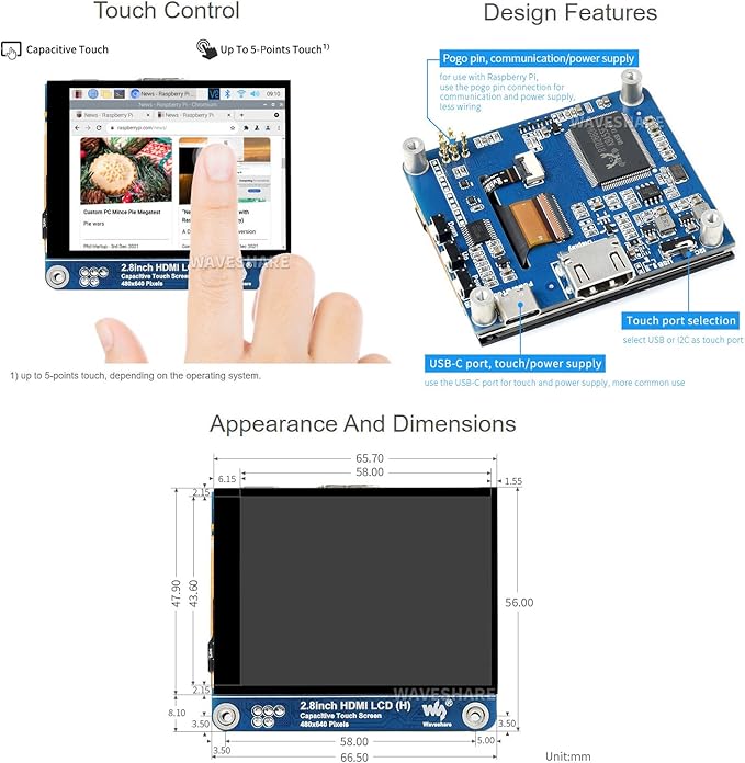 waveshare 2.8inch HDMI IPS LCD Display Compatible with Raspberry Pi 5/4B/3B/Zero/Zero W/Zero 2W/Pico/Pico W/Pico WH 480×640 Resolution Supports Jerson Nano/Windows