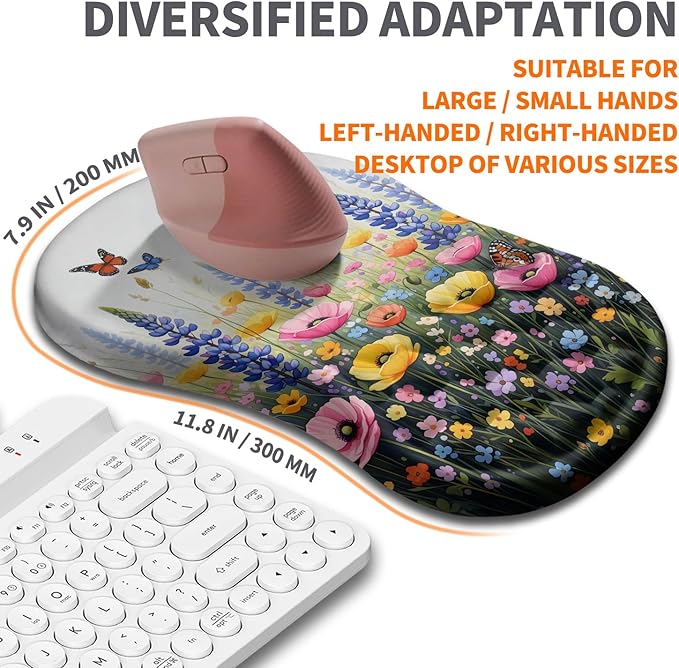 Ergonomic Joint Wrist Support Mouse Pad with Memory Foam Cushion Massage Bump Carpal Tunnel Pain Relief Mousepad Slope Design for Wrist Rest 11.8x7.9 in Wild Flower