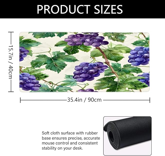 Fruit Purple Grape Leaf Large Mouse Pad Gaming Mousepad Desk Mat for Desktop Computer Keyboard Waterproof Mouse Mat Desk Pad with Non-Slip Base for Game School Office Home 35.4 x 15.7