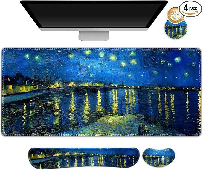Large Gaming Mouse Pad Set 4 in 1 Ergonomics Keyboard Desk Mat Memory Foam Wrist Rest Computer Extended Game Mousepad Non-Slip Desk Matt Easy Typing Pain Relief I Starry Night Over The Rhone