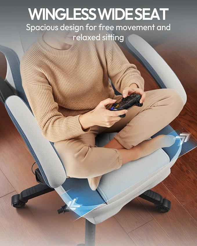 Dowinx Gaming Chair Breathable Fabric Game Chair with Gel Pad and Storage Bag Comfortable Gamer Chair with Pocket Spring Cushion Ergonomic Computer Chair with Footrest Grey and Blue