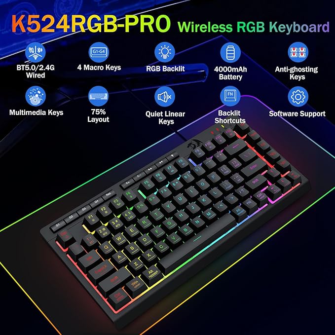 Redragon Portable Wireless Gaming Keyboard Bluetooth/2.4GHz/USB-C Wired RGB Backlit 75% Mini Quiet Macro Membrane Keyboard Rechargeable 4000mAh Battery Anti-Ghosting for Win/MAC