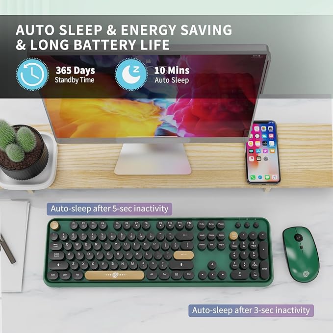 FOPETT Wireless Keyboard and Mouse Combo 104 Keys Full-Sized 2.4 GHz Round Keycap Colorful Keyboards USB Receiver Plug and Play for Windows Mac PC Laptop Desktop (Black Green)