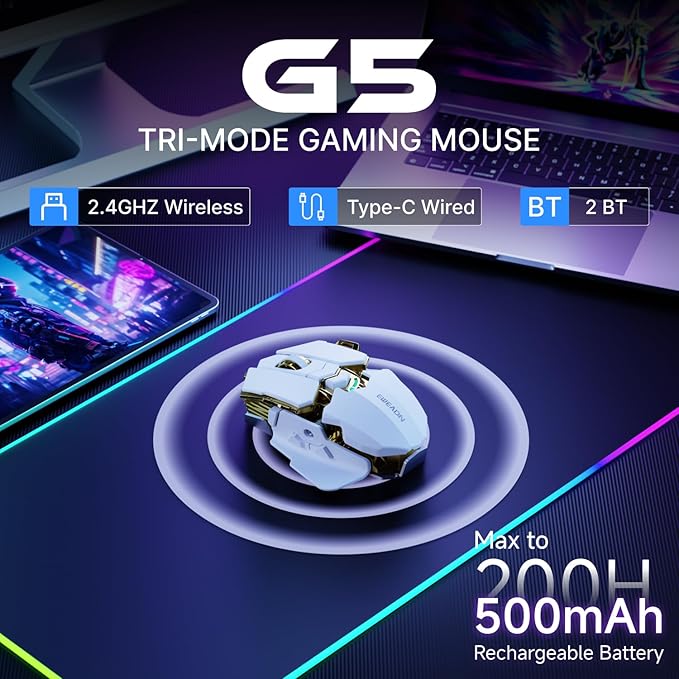 EWEADN G5 Wireless Gaming mouse 12800 Adjustable DPI Ergonomic Mouse with 6 RGB Backlit Modes Rapid Fire Key 9 Programmable Macro Buttons Rechargeable Bluetooth Mouse for PC/Mac/Laptop - White