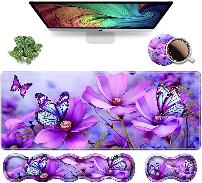 Ergonomic Keyboard Wrist Rest &amp Mouse Pad Wrist Rest Set Large XXL Gaming Desk Mat 31.5x 11.8 Non-Slip Base Memory Foam Easy Typing Pain Relief for Office &amp Home Purple Flowers and Butt