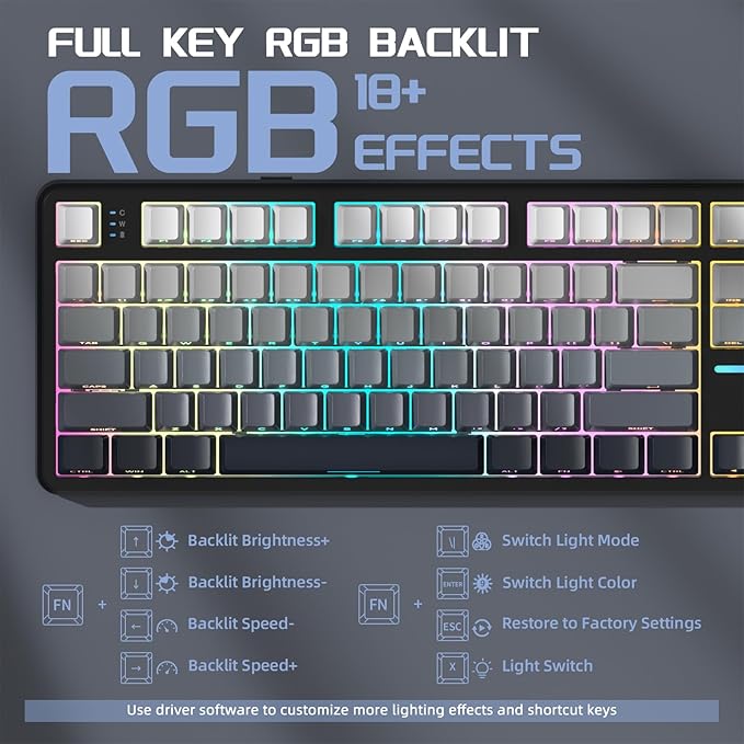 ATTACK SHARK X87 Wireless Tri-Mode Mechanical Gaming Keyboard - Hot Swappable RGB Gasket Mount Pre-Lubed Linear Switches Side-Printed PBT Keycaps (TKL 87-Key Grey Black)