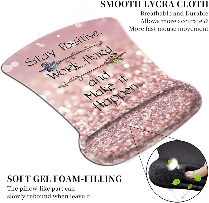 Ergonomic Mouse Pad Wrist Support Gel and Keyboard Wrist Rest Set Stay Positive Work Hard and Make It Happen Pink Glitter Design for Laptop Gaming and OfficeComfortable and Pain Relief + Coaster