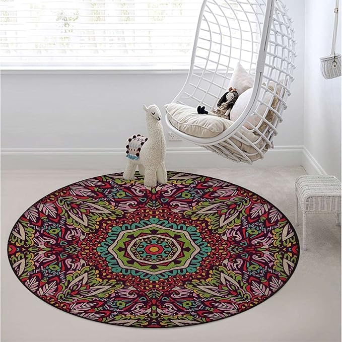 Abstract Round Rug Tile Flooring Colorful Durable Anti-Slip Hand Washable and Protects Floors 70s Party Hippie Vintage MiniMulticolor Diameter 47.2 in