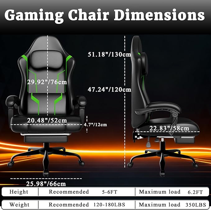 Gaming Chair with Pocket Spring Cushion and Footrest Ergonomic Computer Chair for Adults Breathable PU Leather Game Chair Adjustable Headrest and Lumbar Support Office Desk Chair