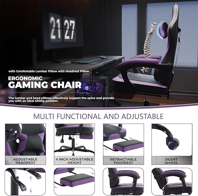 Gamer Chair Ergonomic Computer Chair Gaming Linked Armrests 300lb Capacity Heavy Duty Wide Seat Adjustable Recliner for Professional Players and Adults (Purple+Black)
