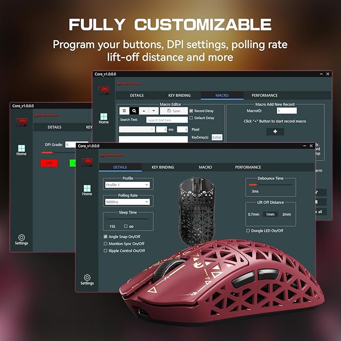 MAMBASNAKE M5 Ultra Carbon Fiber 8000Hz Wireless Gaming Mouse 39g Superlight 42000DPI PAW3950MAX Sensor Nordic 52840 Chip Bluetooth/2.4G/USB-C Wired Mice with Coiled Cable for PC/Mac (Red)