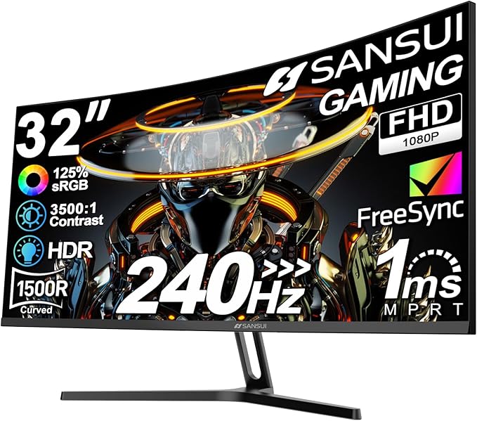 SANSUI 32 Inch Curved 240Hz Gaming Monitor High Refresh Rate FHD 1080P Gaming PC Monitor HDMI DP1.4 Curved 1500R 1Ms MPRT HDRMetal StandVESA Compatible(DP Cable Incl.)
