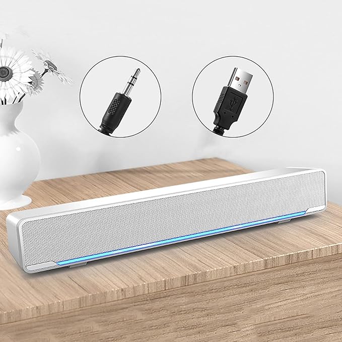 V-196 Computer Sound Bar White USB Powered 3.5mm Input 2.0 Channel Stereo Soundbar with Volume Knob and Blue LED Breathing Light
