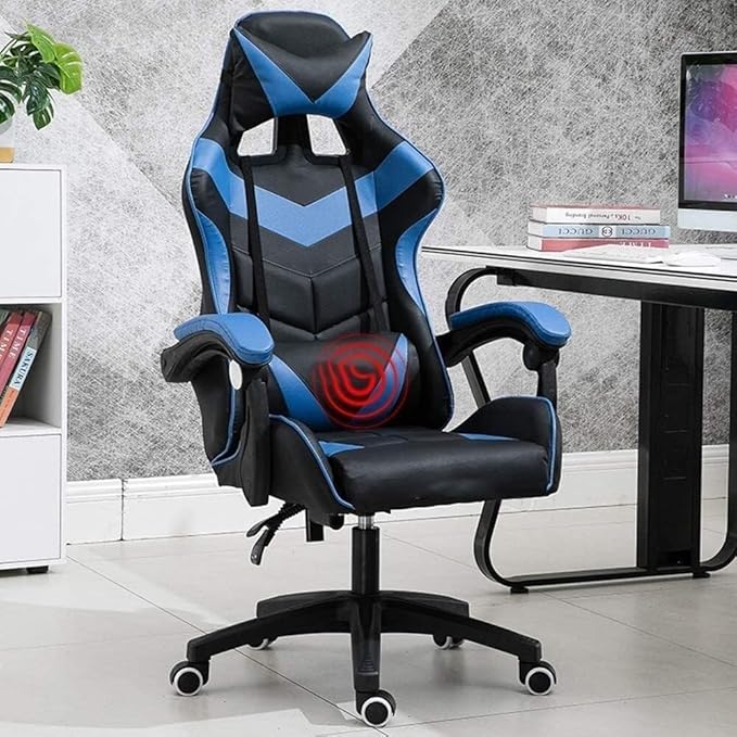 Ergonomic E-Sports Gaming Chair with Massage Lumbar Support Adjustable Height Retractable Footrest USB Massage Pillow(Black Blue)