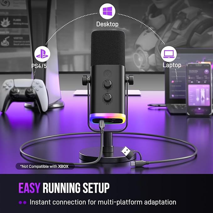 FIFINE USB/XLR Dynamic Microphone for Podcast Recording PC Computer Gaming Streaming Mic with RGB Light Mute Button Headphones Jack Desktop Stand Vocal Mic for Singing YouTube-AmpliGame AM8