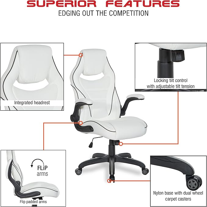 OSP Home Furnishings Xeno Ergonomic Adjustable Faux Leather Gaming Chair with Integrated Headrest and Airflow Cooling Material Black with Red Accents