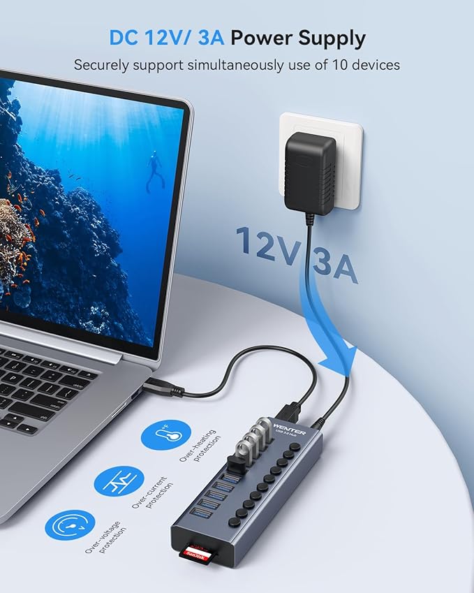 Powered USB 3.0 Hub Wenter 10 Ports 36W Powered USB Hub Aluminum USB Splitter with Individual On/Off Switches SD/TF Card Readers and 12V/3A Power Adapter for PC/Laptops/MacBook Pro/Air/iMac/iPad