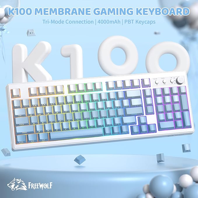ZIYOU LANG K100 Wireless Gaming Keyboard99 Keys Tri-Mode BT/2.4GHz/USB-C Creamy Color Keyboard with Number Pad RGBMedia Knob Custom Programmable Computer Keyboards for PC/Mac/Xbox (Blue)