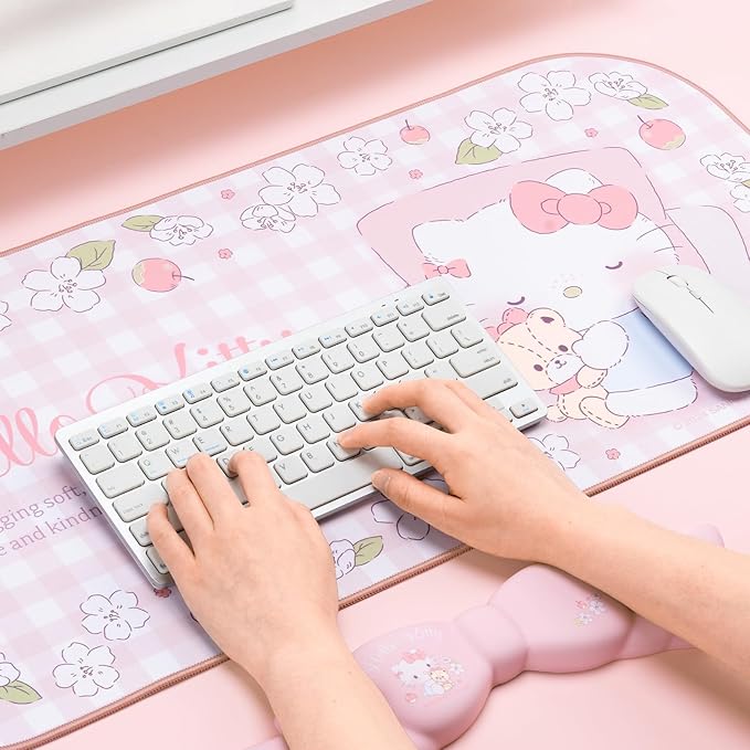 Kawaii Anime Mouse Pad Wrist Rest Support Set - Non-Slip Desk Mat and Memory Foam Bowknot Wrist Rest for Keyboard and MousePerfect for Gaming or Home Office Work - FlowerCat