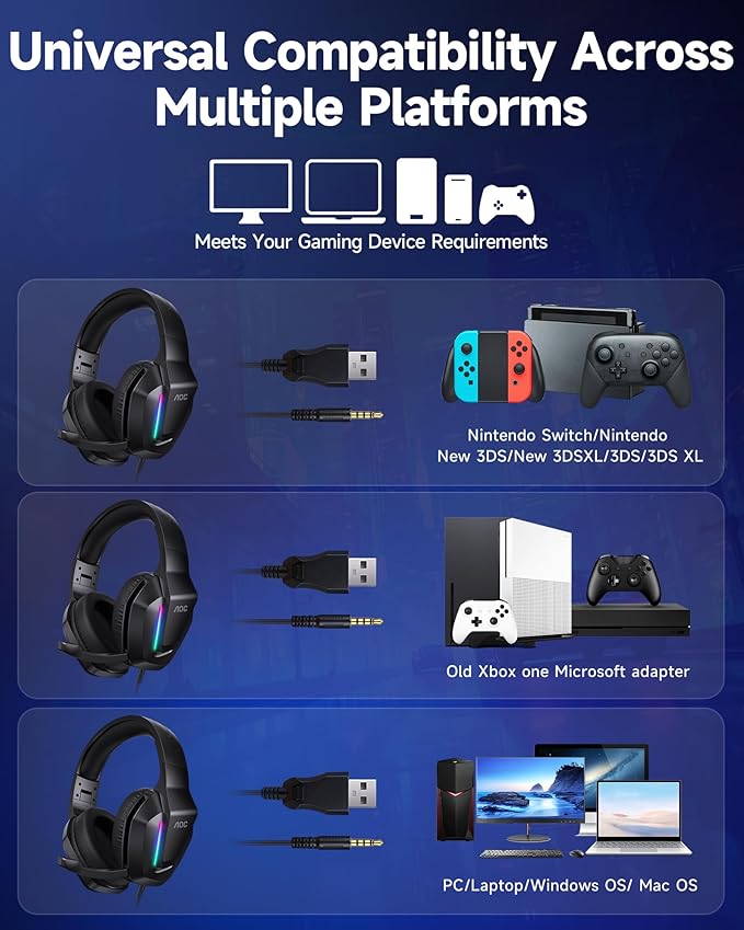 AOC Gaming Headset for PS5 PS4 PC Mac Switch Xbox Series Surround Sound RGB Gaming Headphones with Noise Canceling Microphone 50MM Dynamic Drivers 3.5MM Audio Jack Black