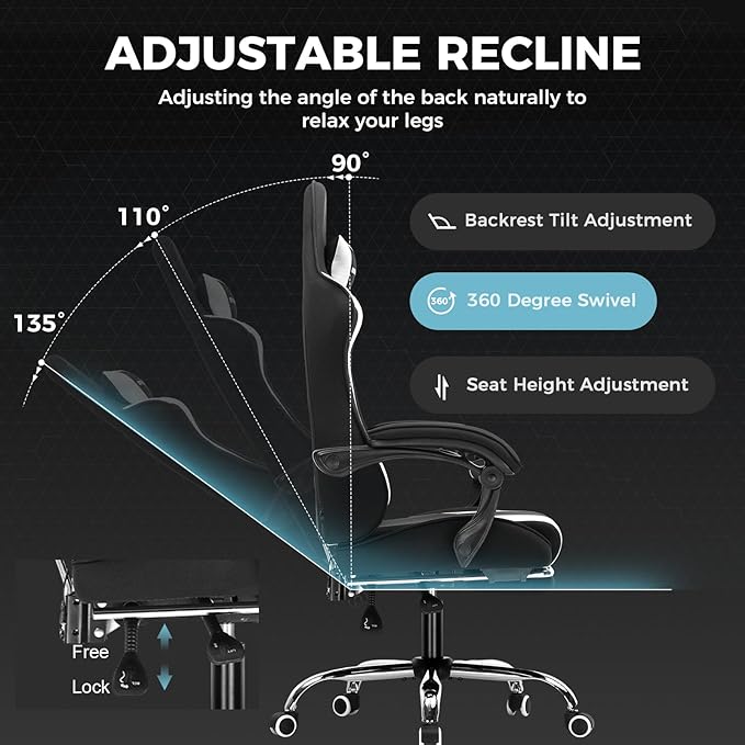 GTPLAYER Gaming Chair Computer Chair with Footrest and Lumbar Support Height Adjustable Game Chair with 360°-Swivel Seat and Headrest and for Office or Gaming (Fabric Black White)