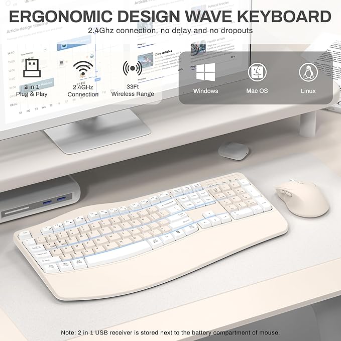 Ergonomic Wireless Keyboard and Mouse Combo Wave Keys Keyboard with Wrist Rest for Natural Typing 3 DPI Adjustable Ergonomic Silent Mouse for Computer/Laptop/Windows/Mac (Latte Color-A)