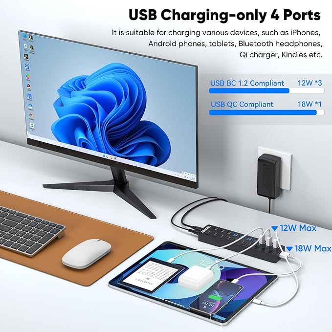 Powered USB C Hub 3.2 11-Port 48W USB-C 3.2 (10Gbps)*2 + USB-A 3.2 (10Gbps)*1 + USB-A 3.0 (5Gbps)*4 + Power-only Port*4 with 12V/4A Power Adapter High Speed for Laptop PC Phone SSD HDD Flash Drive