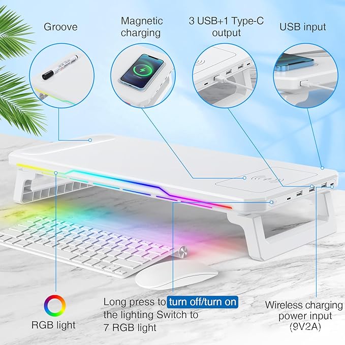 Monitor Stand with Usb Hub (3.0 &amp Type-C) and 15W Fast Wireless ChargingMonitor Riser with Usb C Ports for PC iMac (27 inches) Vibrant RGB Lighting Desk Organizer for Office/Home (White)