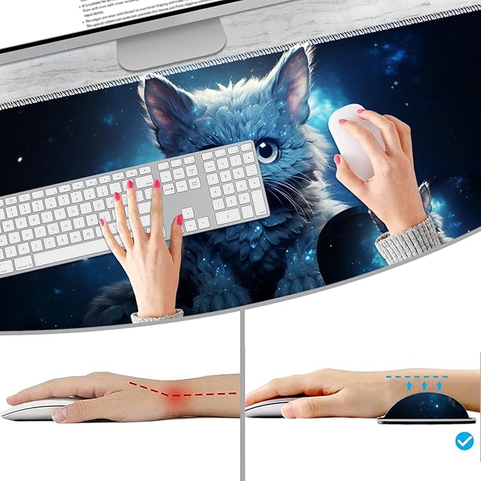 Extended Non-Slip Mouse Pad + Mouse Wrist Rest + Lace-Shaped Coaster Set Ergonomic Design Suitable for Desk and Home Gaming Table Mat Galaxy Cat