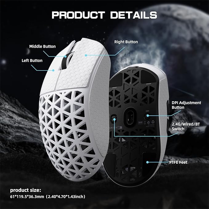MAMBASNAKE M5 Ultra Carbon Fiber 8000Hz Wireless Gaming Mouse 39g Superlight 42000DPI PAW3950MAX Sensor Nordic 52840 Chip Bluetooth/2.4G/USB-C Wired Mice with Coiled Cable for PC/Mac (White)