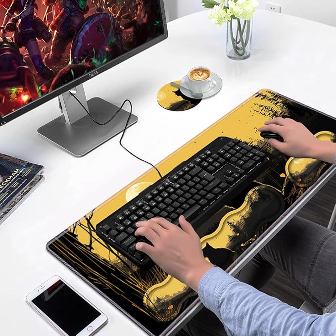Ergonomic Keyboard Wrist Rest &amp Mouse Pad Wrist Rest Set Large XXL Gaming Desk Mat 31.5x 11.8 with Non-Slip Base Memory Foam Easy Typing Pain Relief for Home &amp Office Black Cat