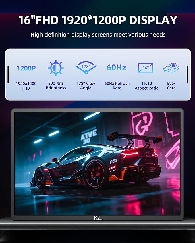 NGTeco 16 Extended Monitor Portable 1200P IPS 360° Foldable Stand USB-C HDMI Plug&ampPlay Built-in Speakers Laptop Screen Extender for PC/Mac/Phone/Xbox/Switch