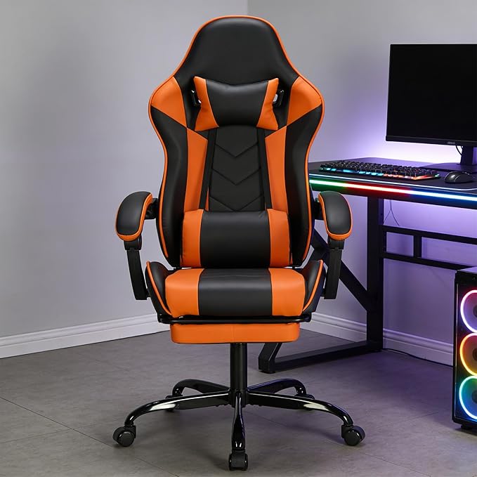 Gaming Chair with Footrest Ergonomic Computer Seating Massage Lumbar Support Height Adjustable PU Leather Reclining Video Game Chairs for Adults Office (Black+Orange)