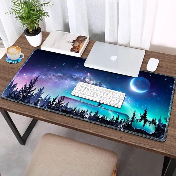 AIMSA Large Gaming Mouse Pad Set Keyboard Wrist Rest Support + Extended Mouse Pad + Mouse Wrist Cushion + Coaster Ergonomic Memory Foam Multifunctional Desk Mat 35x15.7inch (Forest Moon Sky)