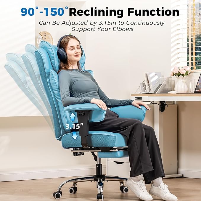 GTPLAYER Big and Tall Office Chair 400LBS Wide Ergonomic Gaming Chair with Deluxe Embossing Designed Leather with Foot Rest150°Reclining Adjustable Soft Armrests Pocket Spring Back Support and Pillow