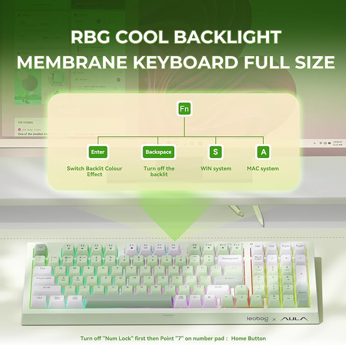 LEOBOG x Aula Gaming Keyboard Wireless Creamy Keyboard Bluetooth Computer Keyboards Ergonomic Typewriter Full Size with Number Pad Light Up RGB Backlit Tri-Mode BT/2.4GHz/USB-C - K99 Green