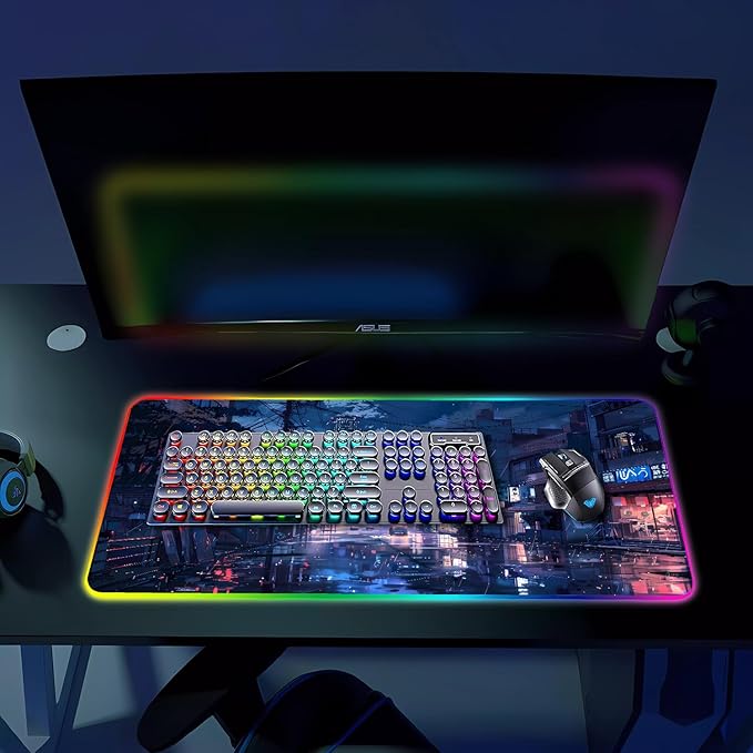 RGB Gaming Mouse Pad Large Mousepad with Led Light Gaming Accessories Keyboard Pad for Desk Non-Slip Rubber Base Big Mouse Mat for Gamer 31.5 X 11.8 Inch Japanese Streets