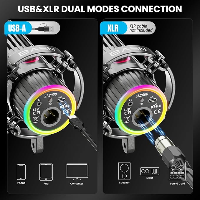 BASN USB/XLR Dynamic Microphone for Podcasting Live Streaming Gaming Recording with RGB Mute Button Headphone Monitoring and MIC Stand (Gray) SL2000