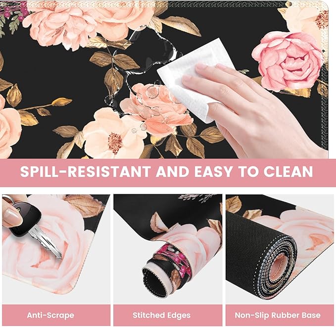 XXL Desk Mat Large Floral Mouse Pad with Wrist Rest Keyboard Wrist Rest 3 in1 Desk Pad Matt Set Gaming Mousepad with Wrist Support Computer Mat for Desktop Office Women LaptopBlack Pink