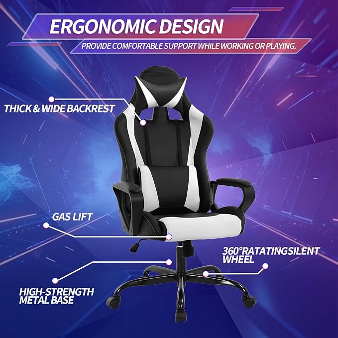 Gaming Chair Office Chair High-Back Ergonomic Video Game Chairs for Kids Teen Adult Height Adjustable Reclining Computer Chair with Lumbar Support Armrest Headrest Game Chair - White