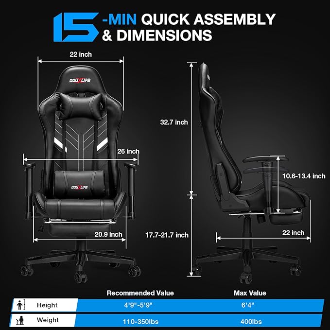 Douxlife 7-Point Massage Gaming Chair with Footrest 400lbs Heavy Duty Ergonomic Computer Chair 175° Reclining High Back Racing Seat for Adults with Adjustable Armrests &amp Lumbar Support Black