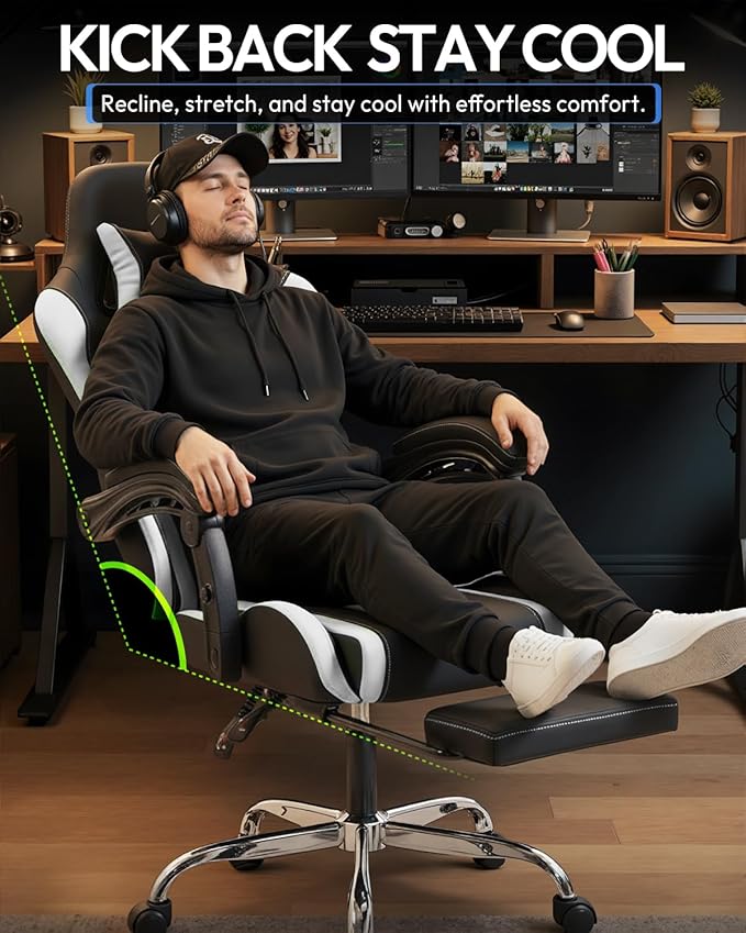 Dowinx Ergonomic Gaming Chair with Footrest &amp Massage Lumbar 2D-Linkage Armrests for Computer Chair 330lbs with Headrest Pillow for Office Home Streaming and Long Gaming Sessions White