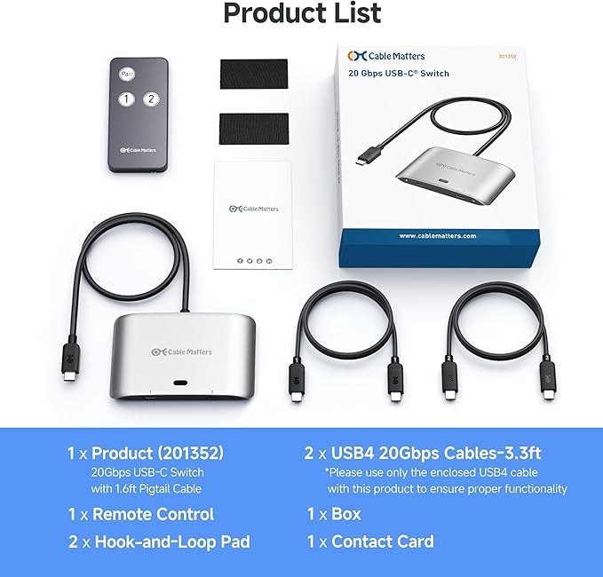 Cable Matters 20Gbps USB C Switch for 2 Computers Up to 8K@30Hz on Windows 4K@60Hz on macOS 140W PD for Sharing a USB-C/Thunderbolt 4 Monitor or Dock (Not for Dock with an Attached Cable)