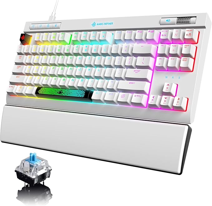 ZIYOU LANG Mechanical Gaming Keyboard87 Keys Chroma RGB LED BacklitWhite Computer KeyboardPU Wrist RestMultimedia KeysAnti-ghosting KeysWaterproof Light Up USB Wired Keyboard for PC Mac Xbox