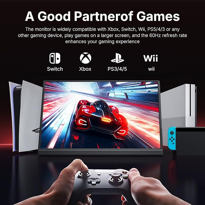 WGK 15.6 inch Portable Monitor 1080P FHD Travel Display HDMI/USB-C Compatible with Laptops Desktops Phones PS Mac Xbox Switch and Other Gaming Devices Includes Stand and Speakers VESA