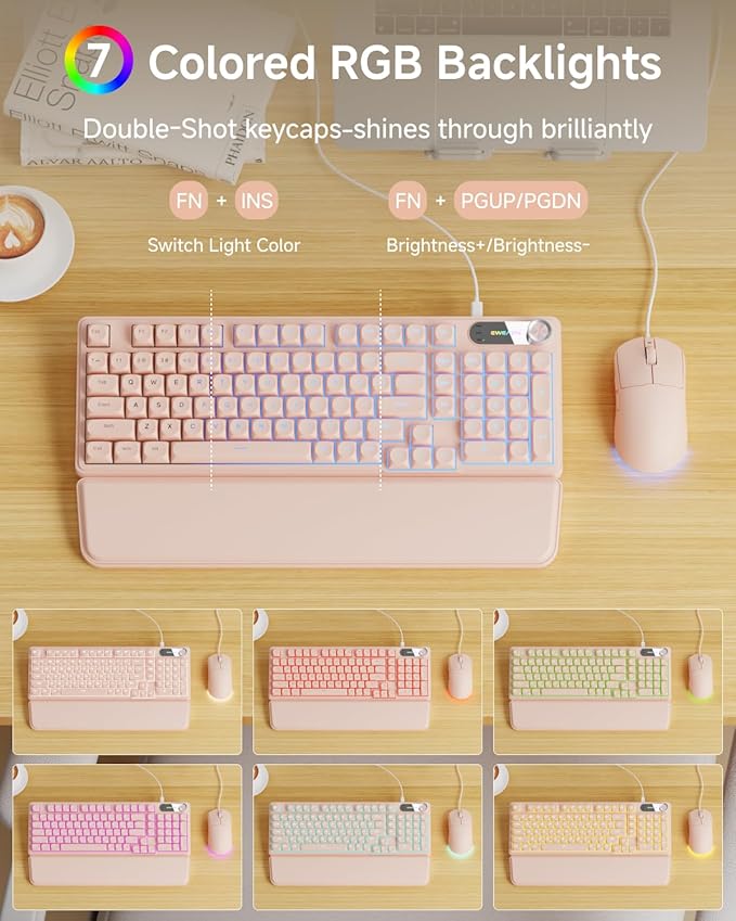 C98 Wired Keyboard and Mouse Combo Wired Computer Keyboards with Wrist Palm Double-Shot Keycaps Silent RGB Backlight Keyboard for Windows/MAC/PC (Creamy Pink)